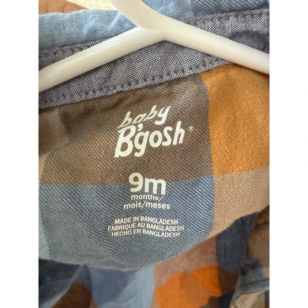 OshKosh Bgosh Baby Boy Blue Brown Plaid Flannel Button Down Shirt Size 9 Months